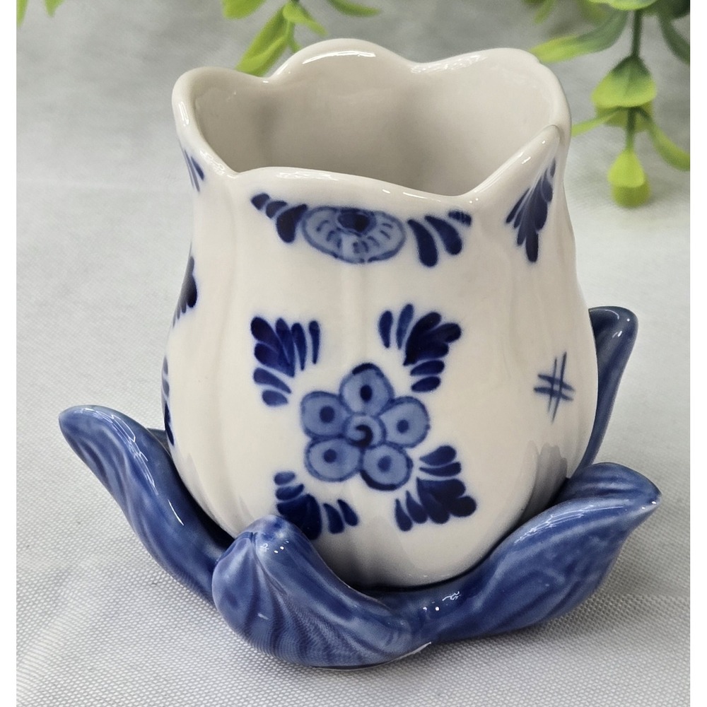 Vintage Delft Blue Tulip Candle Holder Handpainted OPC Holland Votive Tea Light